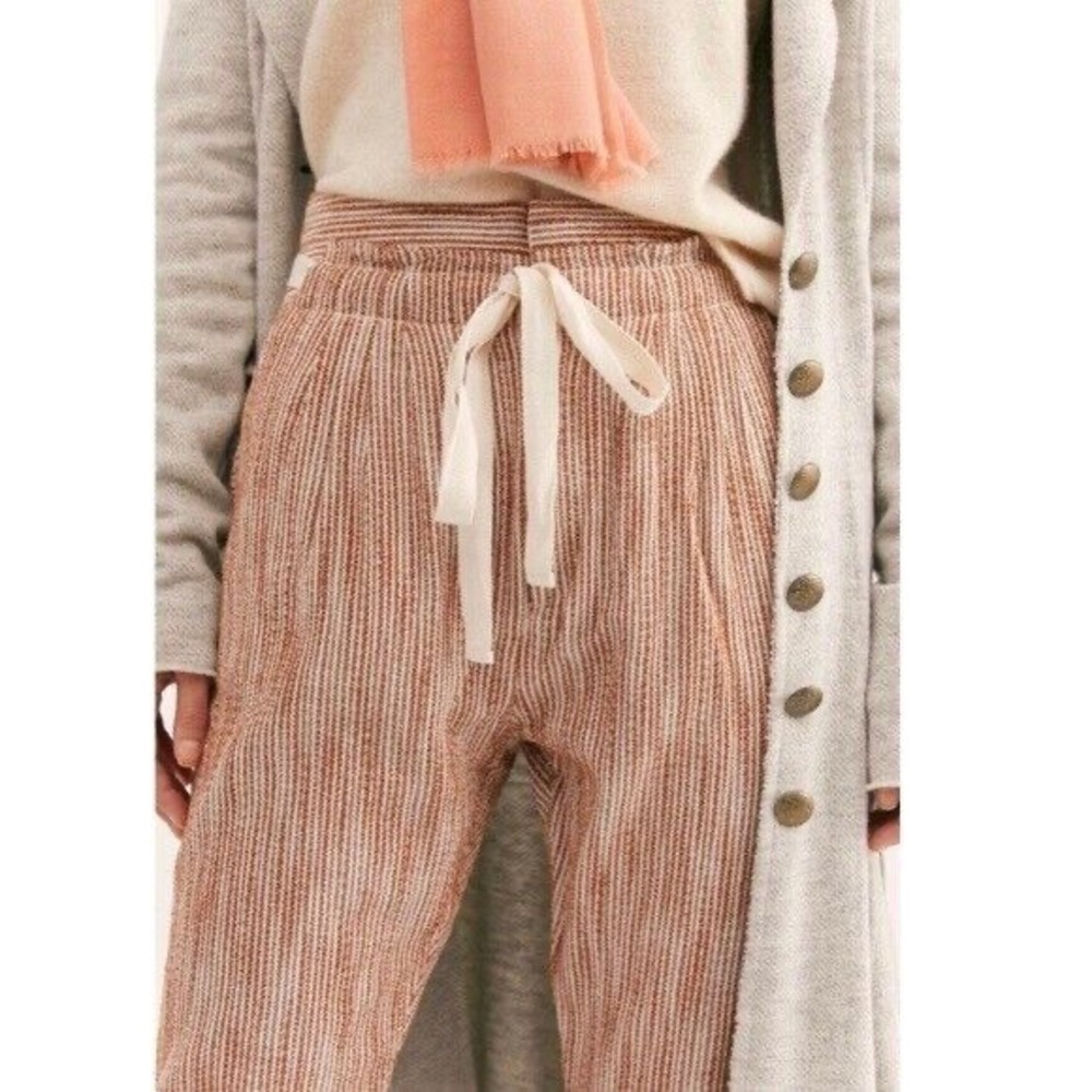 Free People Pants Womens 2 Rust Ivory Striped Tapered Slim Leg Tie Waist Cotton